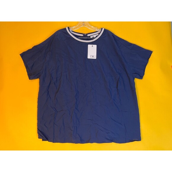 DR2 Ringer Blouse Top Womens 2X Plus Indigo Blue Short Sleeve Zip Crew Neck NWT - Picture 1 of 7